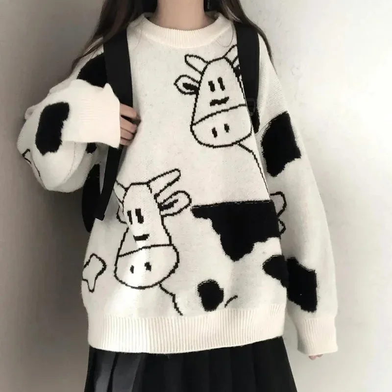 

2023 Korean Harajuku Women's Sweater Vintage Casual Loose Lazy Cow Sweater Female Japanese Girls' Kawaii Cute Ulzzang Clothing