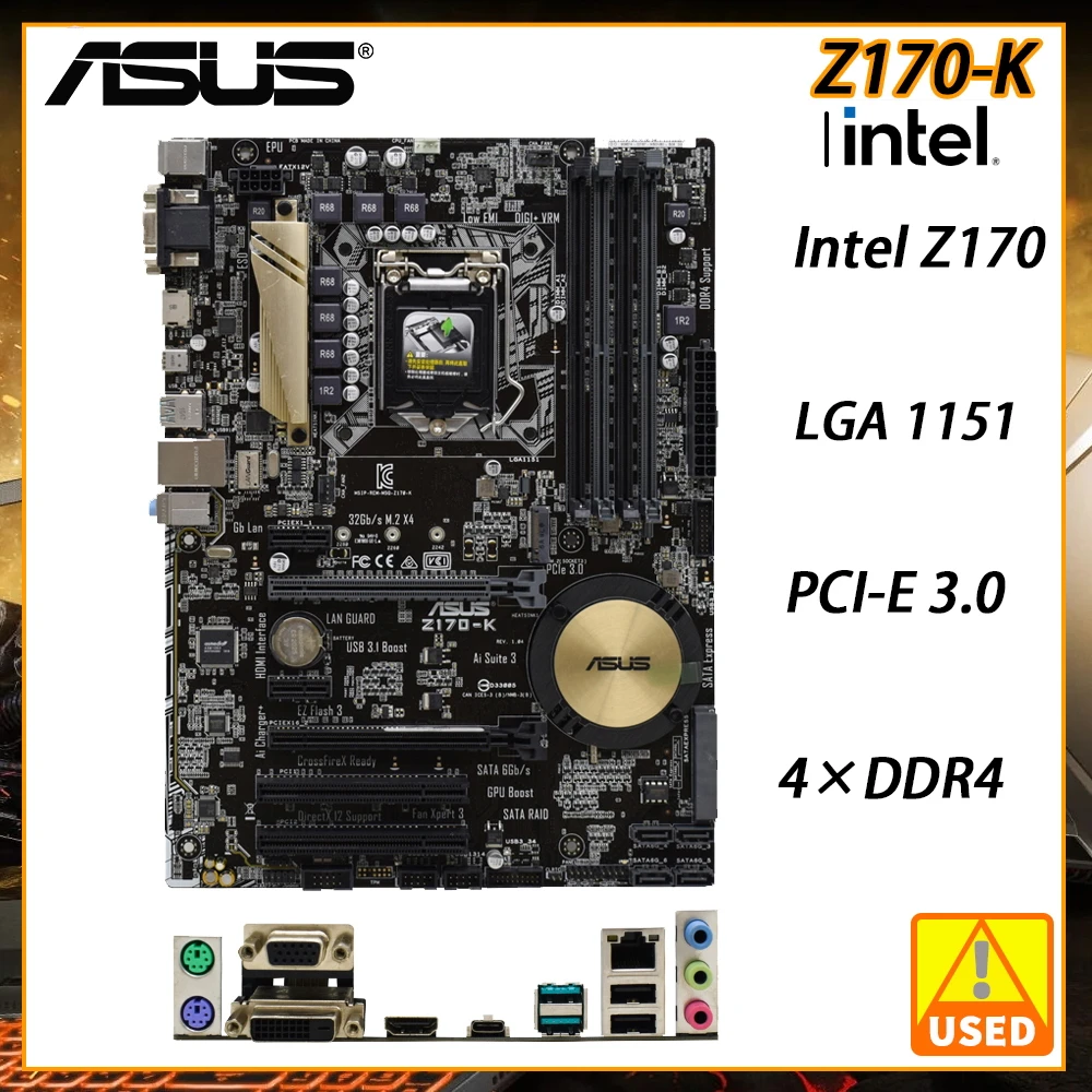 

ASUS Z170-K Motherboard For LGA 1151 4×DDR4 Intel Z170 Support Core i7 i5 i3 Cpus PCI-E 3.0 64GB USB3.1 DVI HDMI M.2 SATA III