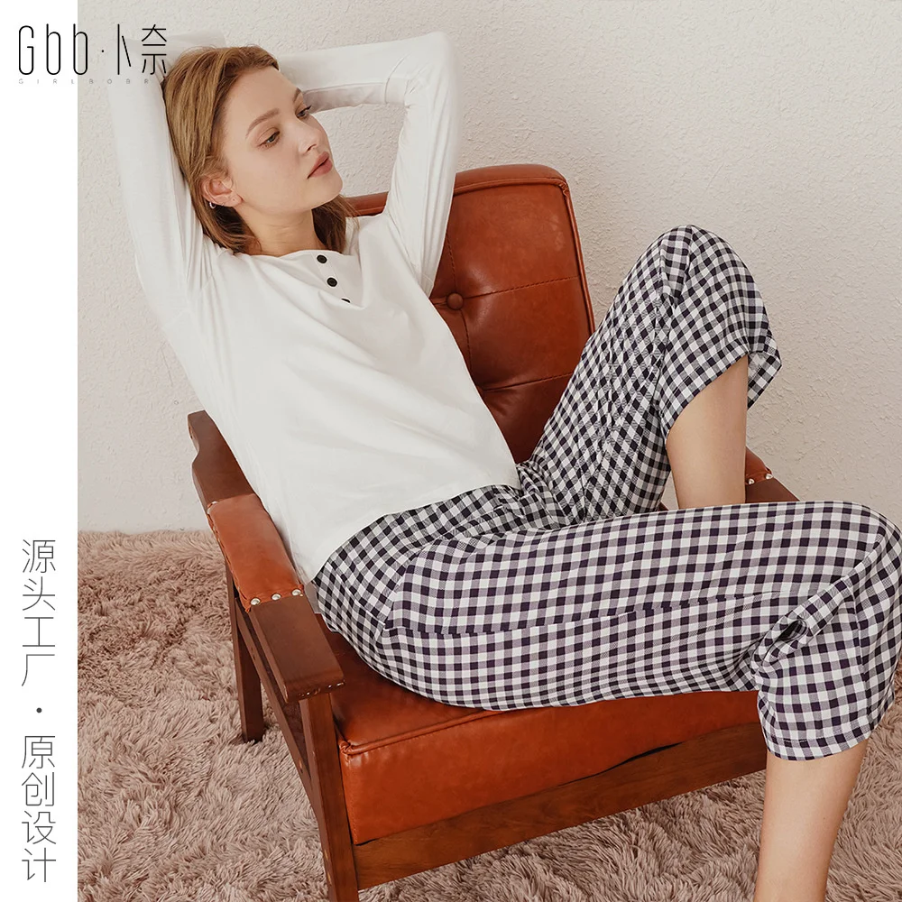 

Women's pajamas white round neck long sleeve contrast color Plaid home clothes bunai two-piece set for casual wear