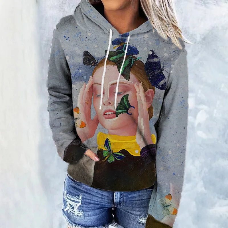 New painted portrait floral 3D digital men's and women's hoodie printed hoodie butterfly plant comfortable pullover