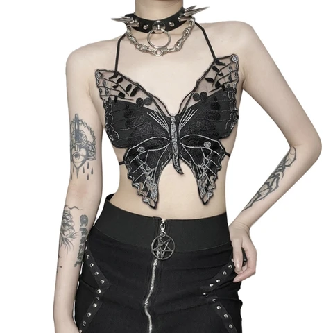 Женский летний топ на бретельках с открытой спиной, сексуальный готический прозрачный кружевной черный бюстгальтер в форме бабочки, укороченный топ, клубная одежда
