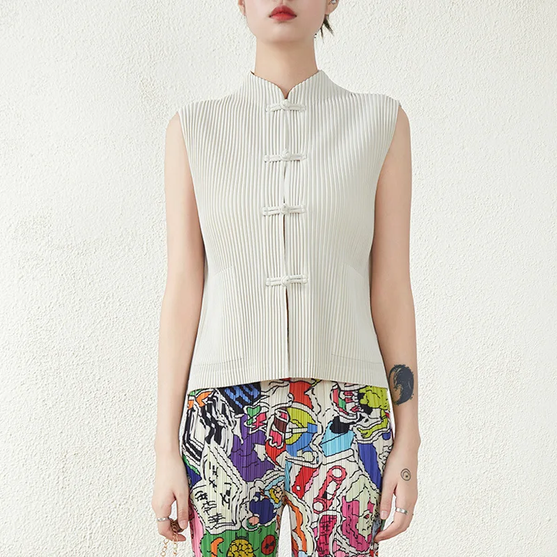 

Women's Vest Vintage Chinese Style 2022 Autumn New Stretchable Miyake Pleated Clothing Slim Single Breasted Casual Top Coats