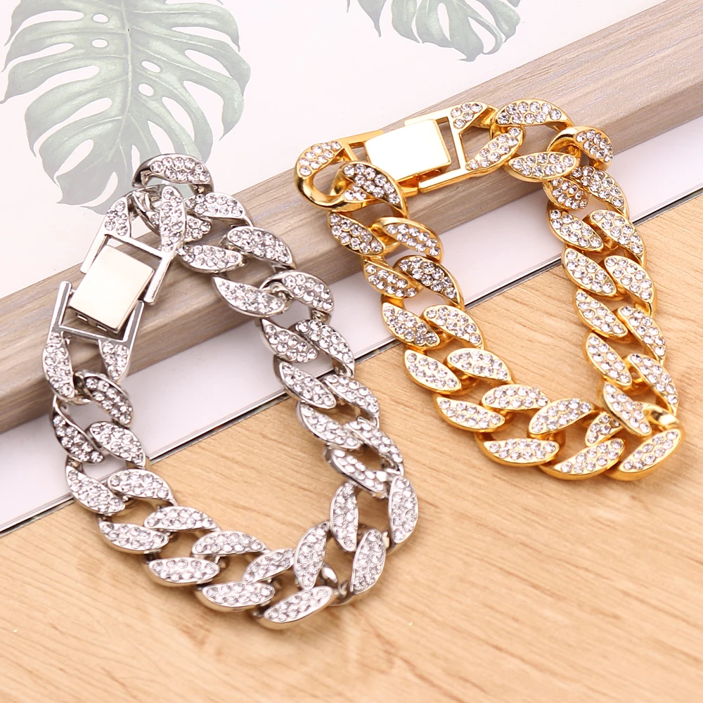 

New Arrived Hip Hop Bling Iced Out Men's Bracelet Rapper Jewelry Full Rhinestone Pave Gold Color Miami Cuban Link Chain Bracelet