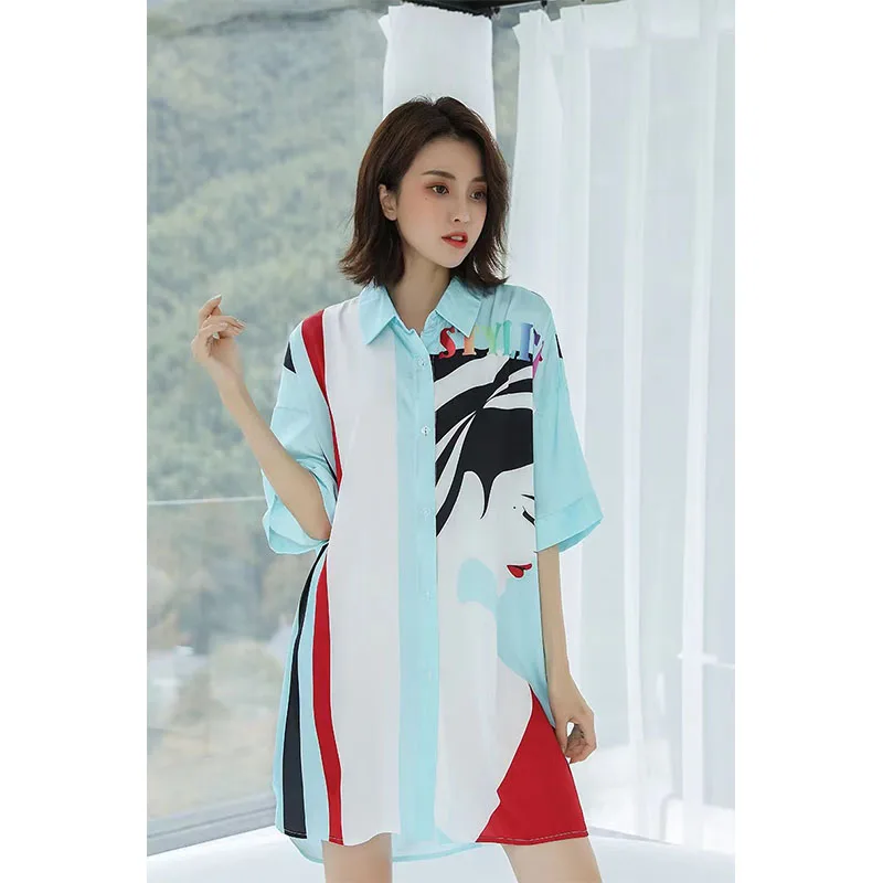 YFTNH Women's Nightdress Fashion Satin Silk Soft Stripe Printing Short Sleeve Mini Nightgown Summer Sleepwear Homewear
