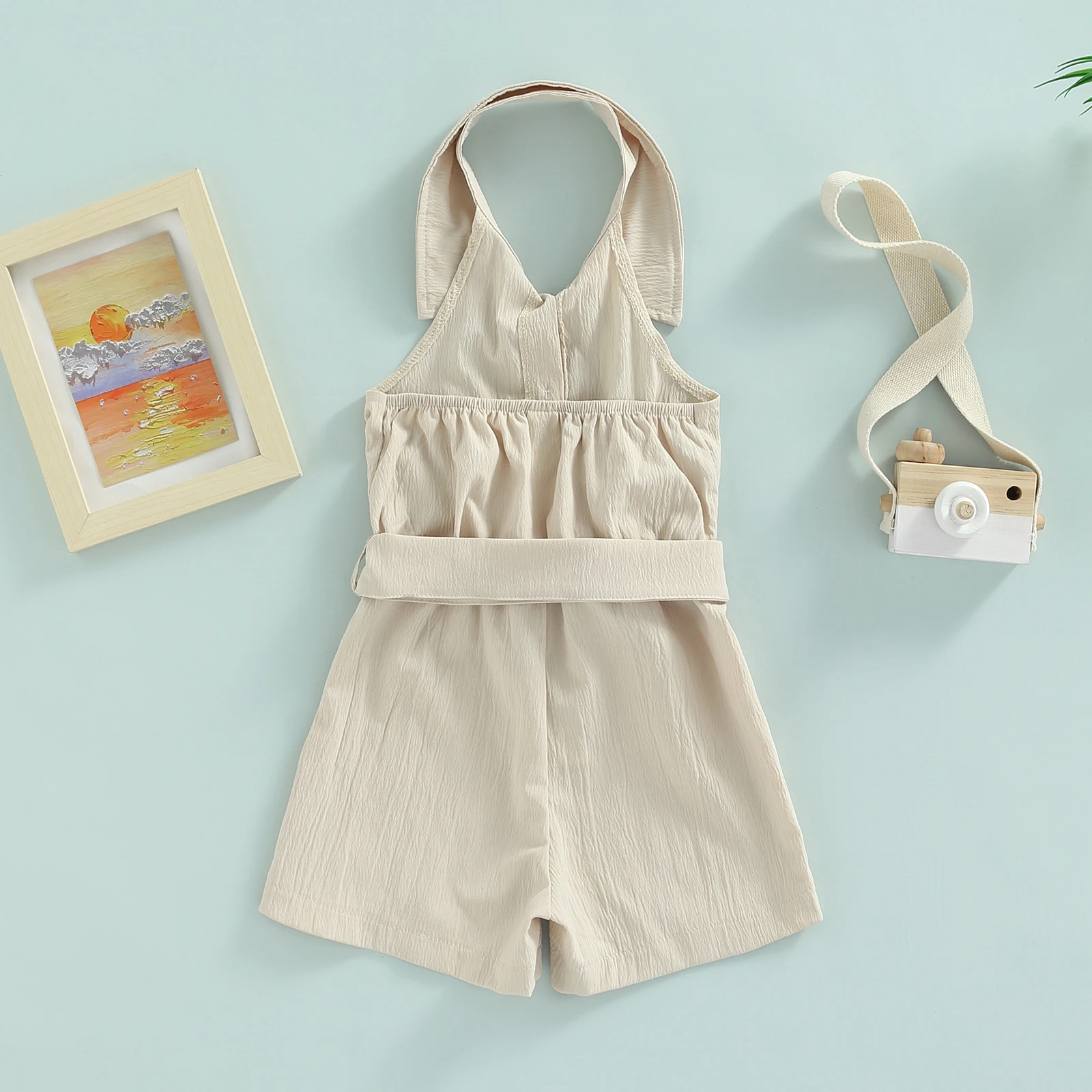 Girls Romper With Waist Belt Solid Color Turn-Down Collar Sleeveless Front Buttons Backless Loose Fit Leisure Bodysuit 2-7 Years - купить по