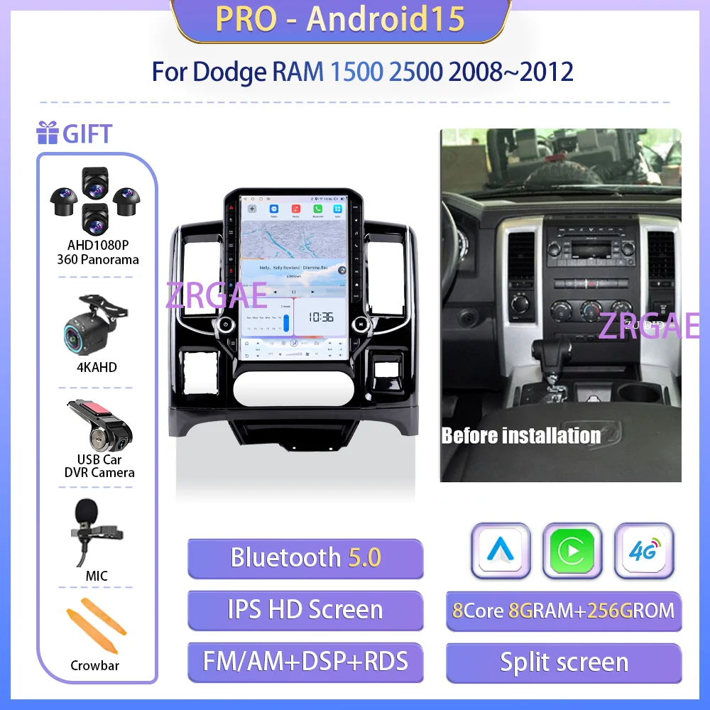 

14,5-дюймовый автомобильный радиоприемник Android 15 для Dodge RAM 1500 2500 2008-2012, мультимедийный плеер Tesla Style, беспроводной Carplay, авто стерео GPSBT