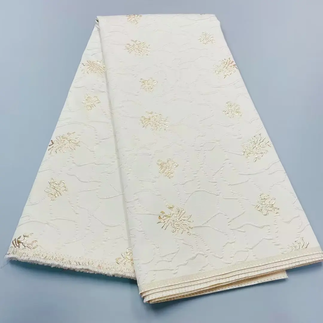 

High Quality Beige Color 5 Yards Flowers Big Lace Fabric for Aso Ebi African Brocade in Cream 2022 Jaquard F041