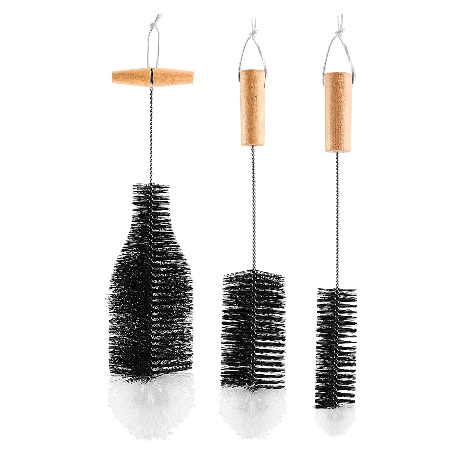 

3pcs Portable Wooden Handle Stainless Steel Long Narrow Neck Practical Glassware Bottle Brush Powerful Cleaning Beer Wine Vase