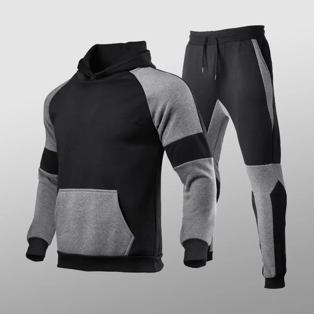 

2 Pcs/Set Trendy Sportswear Men Hoodie Sweatpants Suit Contrast Color Drawstring Men Hoodie Sweatpants Suit Exercise