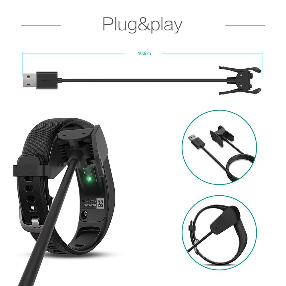 Зарядное устройство совместимо с Garmin Vivosmart 3 USB-кабель для зарядки 100 см аксессуары