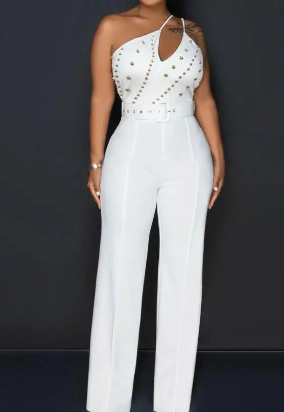 

Jumpsuits Woman 2023 Summer Casual One Shoulder Sleeveless Cutout Studded Fashion Elegant Long Jumpsuit Lady Overalls Clothing