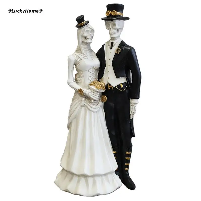 

11UA Resin Skull Figurine Skeleton Bride and Groom Wedding Couple Statue Halloween Party Decorations Gifts for Couples
