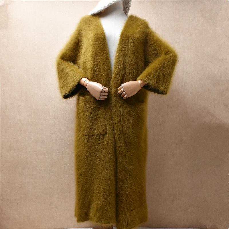 

04 Ladies Women Fall Winter Clothing Hairy Plush Mink Cashmere Knitted Loose Long Sweater Cardigans Angora Fur Coat Jacket Pull