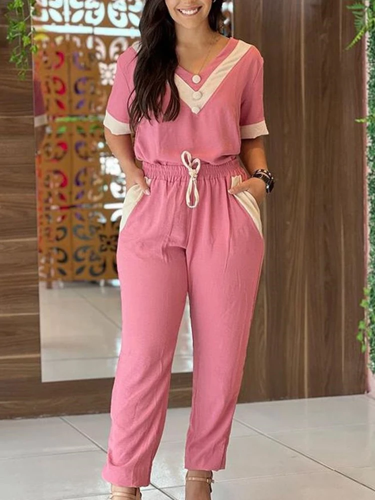 

Женский Повседневный костюм из двух предметов, однотонный Свободный Топ с V-образным вырезом и коротким рукавом, облегающие брюки с высокой ...