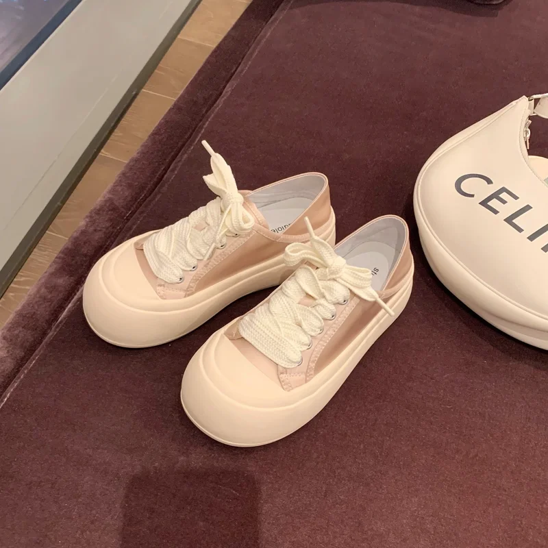 

Женские кроссовки на массивной подошве, повседневные шелковые туфли-лодочки с перекрестной шнуровкой и низким вырезом, в Корейском стиле, весна-осень 2023