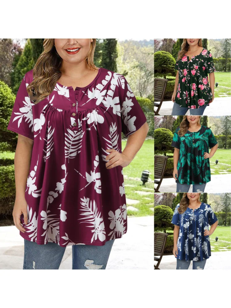 Summer New V-neck Button Large Printed T-shirt plus size women clothing  plus size summer outfits