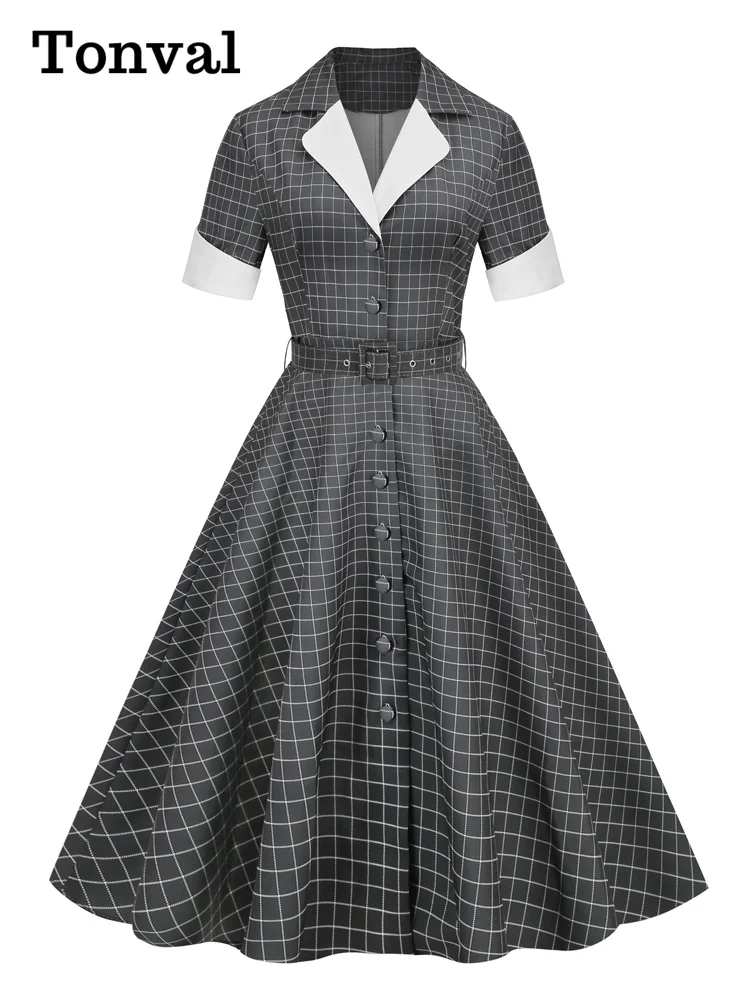 

Tonval Notched Collar Single Breasted Women Grey Plaid Rockabilly Long Dresses High Waist Belted Vintage A-Line Dress 2023
