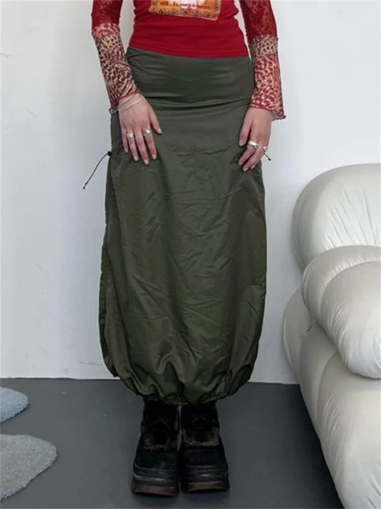 

hirigin Women Summer High Waist Long Maxi Skirts Y2K Streetwear Solid Color Retro Casual Back Zip Up Ruched Skirts 2022 Green
