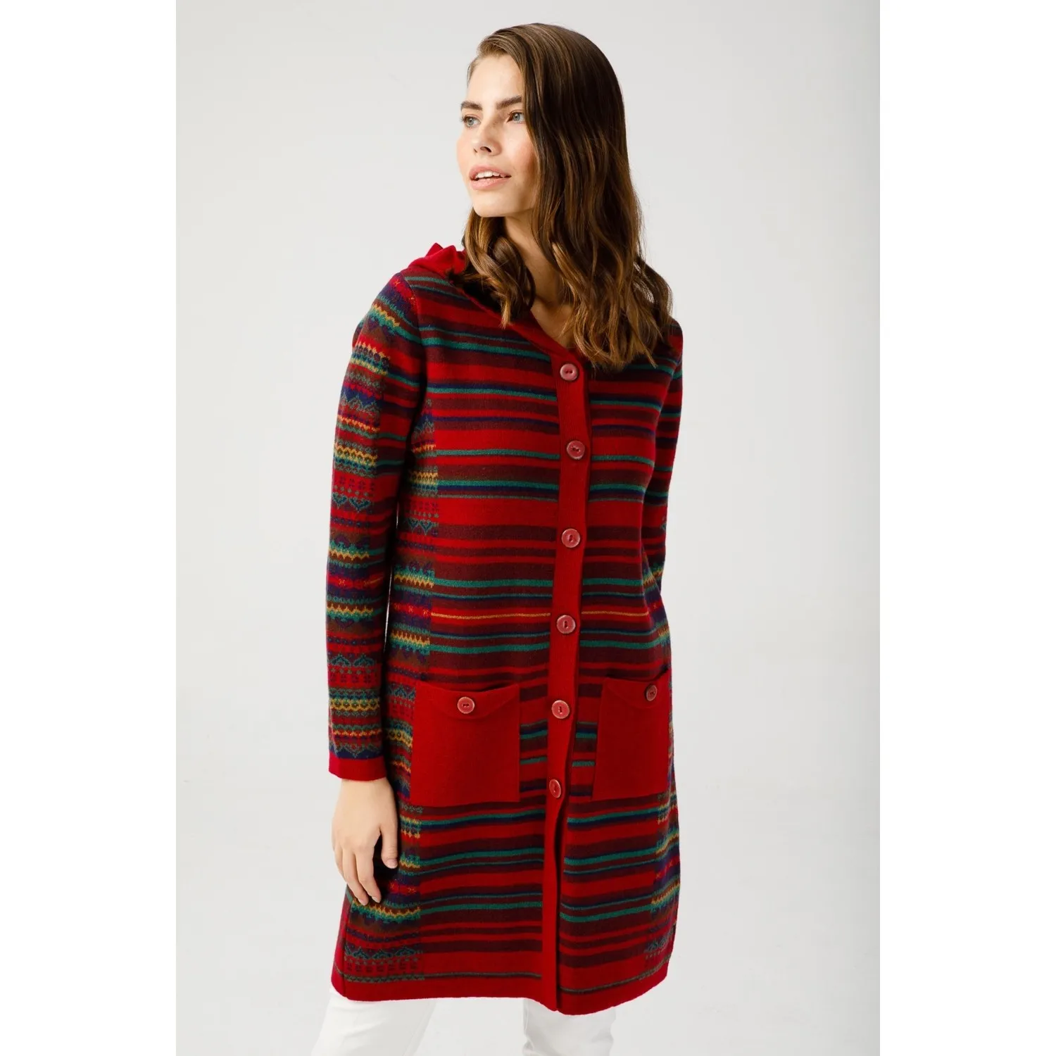 Pattern Knitwear Women Striped Jacquard Hooded Cherry Color Coat 100% Wool Fabric Quality Stylish Stance Unique Patterns
