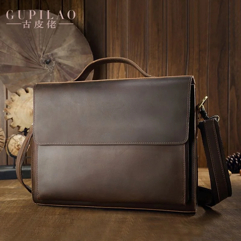 

Handmade 100% leather genuine briefcase hand cowhide retro simple mailman business casual one shoulder messenger bag