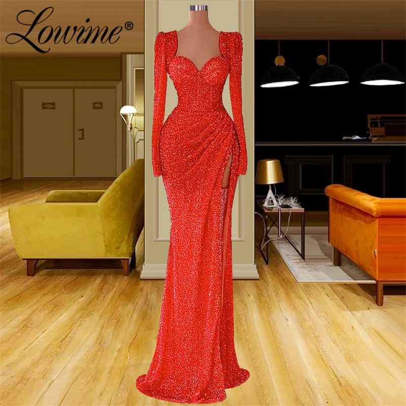Lowime-vestido De noche largo De dos diseños, vestido De fiesta Formal De sirena árabe De Dubái con dos cuentas Rojas, abertura alta, talla grande 2022