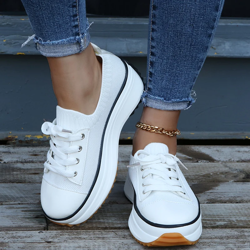 

2022 Spring Summer Women's Shoes Sports Shoes Sponge Cake Breathable Knitted Casual Shoes Thick Bottom Loafers Round Toe Shoes