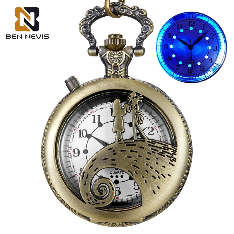 

BENNEVIS Nightmare Before Christmas Luminous Blue LED Flash Necklace Vintage Clock Antique Bronze Luminous Quartz Pocket Watch