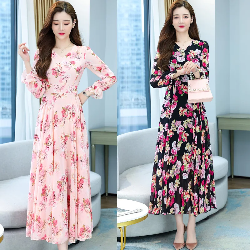 Muslim Spring Summer Dress Maxi Dresses For Women 2023 Long Sleeve Vestito Floreale Casual Chiffon Robe Vestidos De Fiesta