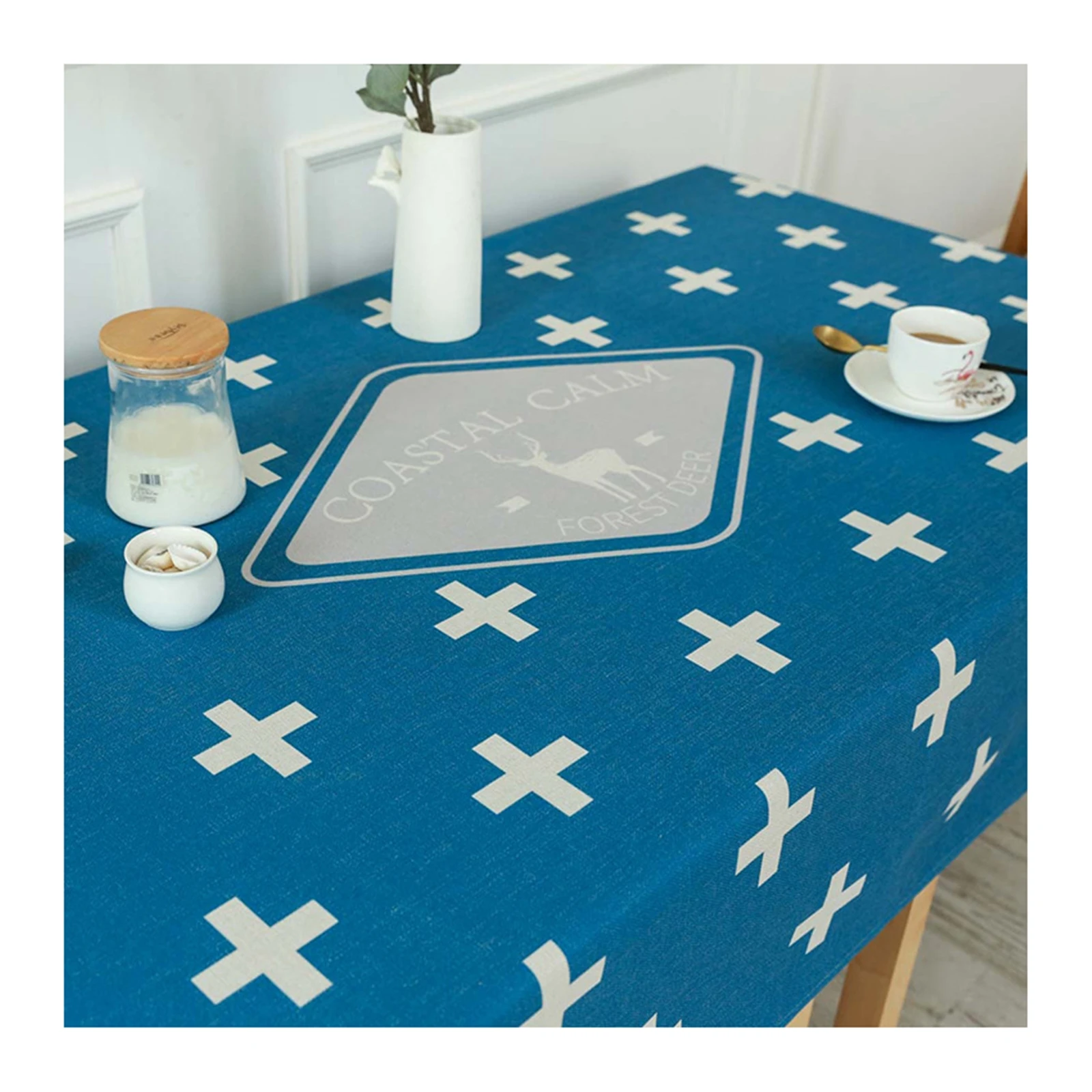

Cotton Linen Tablecloths, Waterproof Table Covers Forest Deer And Cross Blue Grey Dining Table Coffee Table Deco