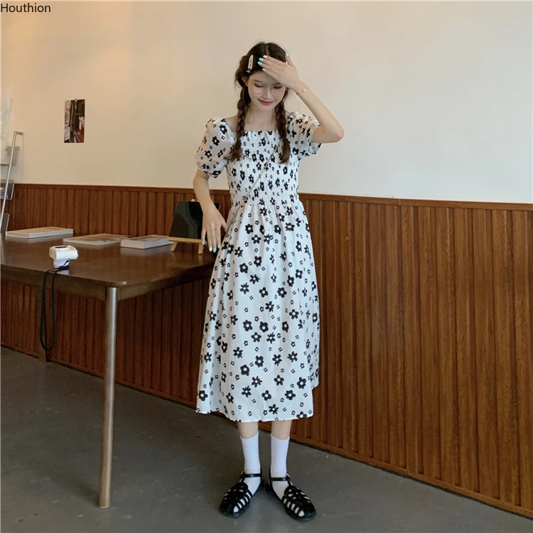 

Women's Dress Chiffon Print Draw Back High Waist Fashion Summer Office A-LINE Mid-Calf Houthion