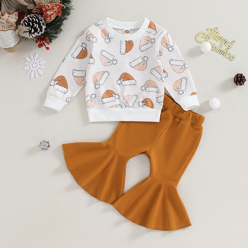 

Christmas 6M-4Y Baby Girls Pants Sets Long Sleeve Santa Hat Print Sweatshirt Tops Solid Color Flared Pants Sets