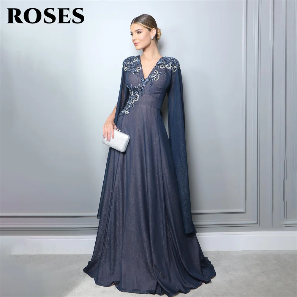 

ROSES Navy Blue V Neck Prom Dress Embroidery Sequin Celebrity Dresses Women's Evening Dress Stain Formal Gown With Shawl프롬 드레스
