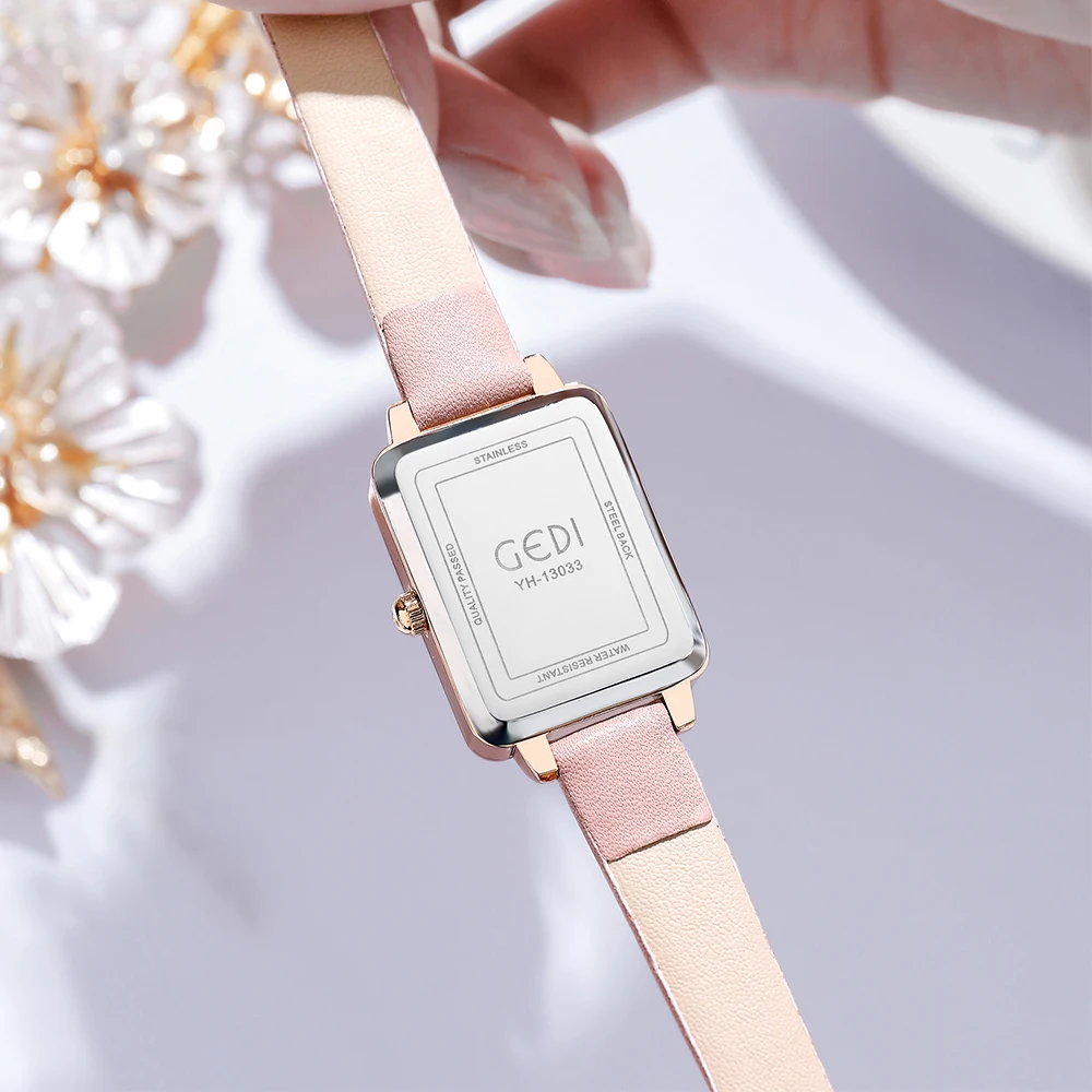 GEDI Fashion Rectangle Sakura Pink Small Women Watches Luxury Brand Leather Strap Ultra-thin Elegant Quartz Ladies Clock Relogio