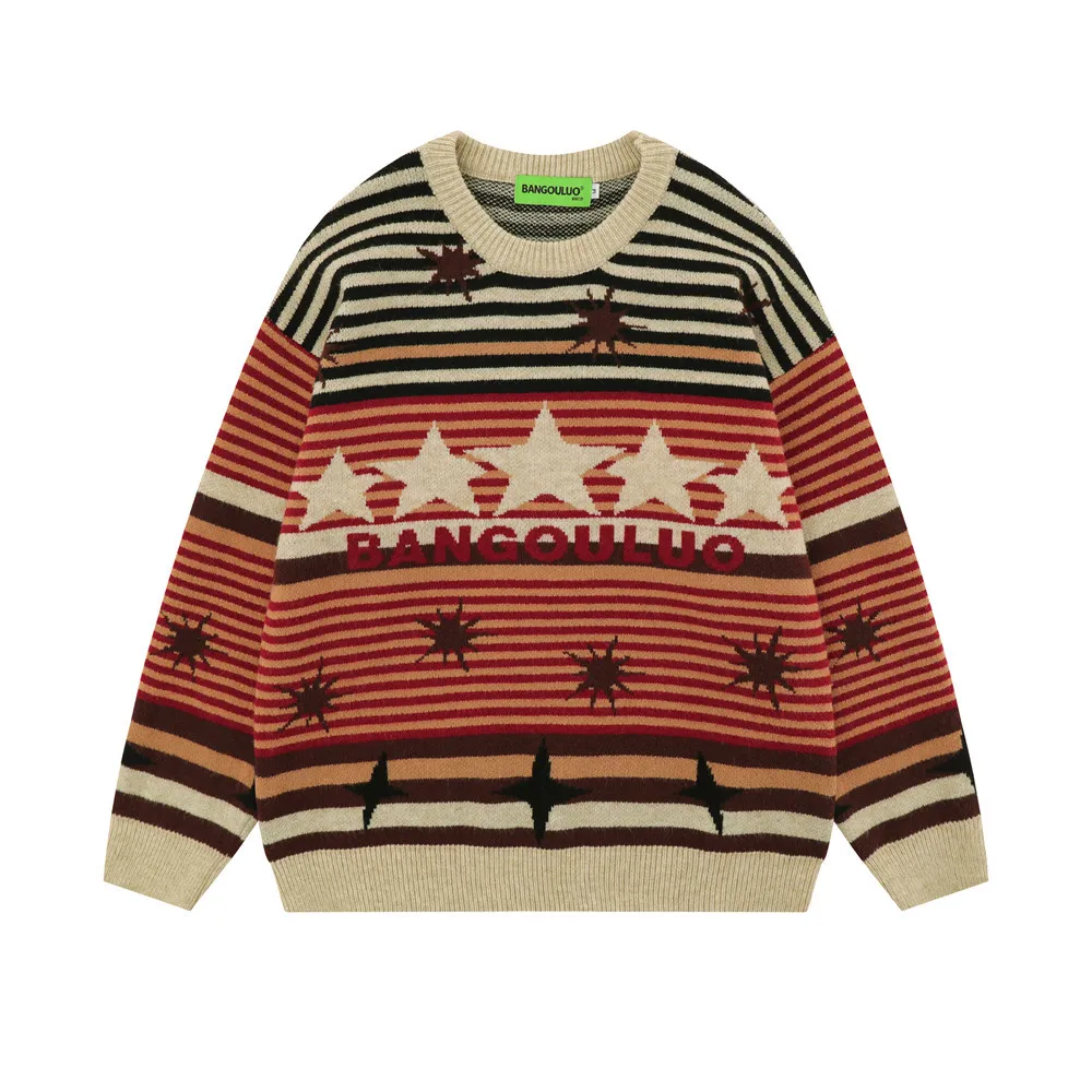 

Мужской свитер в контрастную полоску, свободный жаккардовый пуловер со звездами, удобный повседневный уличный свитер в стиле хип-хоп для пар, вязаный мужской свитер