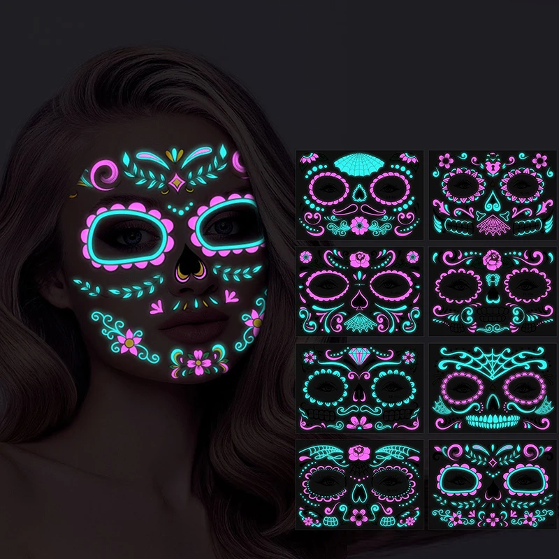 

Halloween Fluorescent Skin Sticker Face Temporary Tattoo Stickers Death Skeleton Print Neon Tattoo Sticker Ghost Festival Party