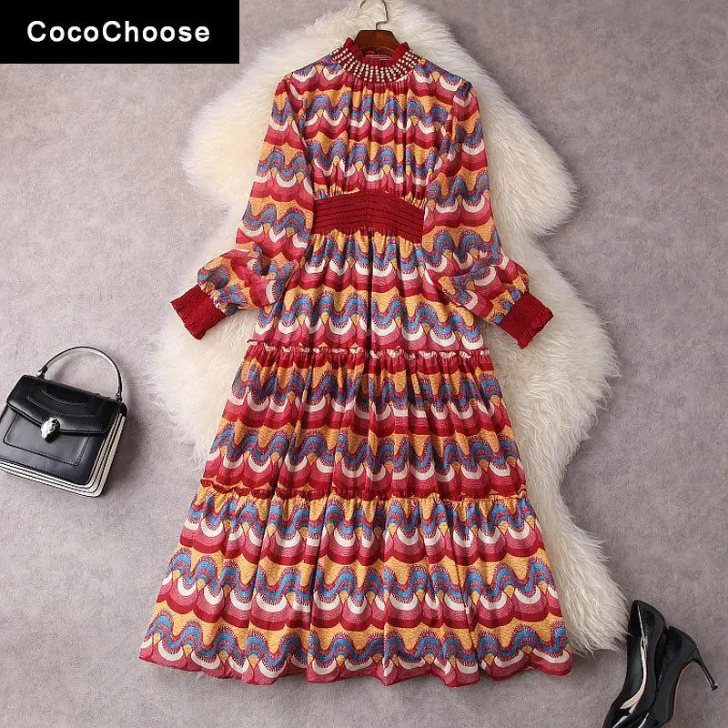 

Designer Luxury Diamonds Beading Women Dress Spring 2022 Hollow Out High Waisted Stand Collar Long Sleeve Chiffon Boehmian Dress