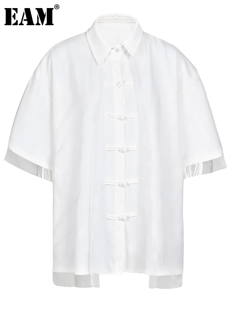 

[EAM] Women White Buckle Irregular Mesh Big Size Elegant T-shirt New Round Neck Half Sleeve Fashion Spring Summer 2023 1DF9691