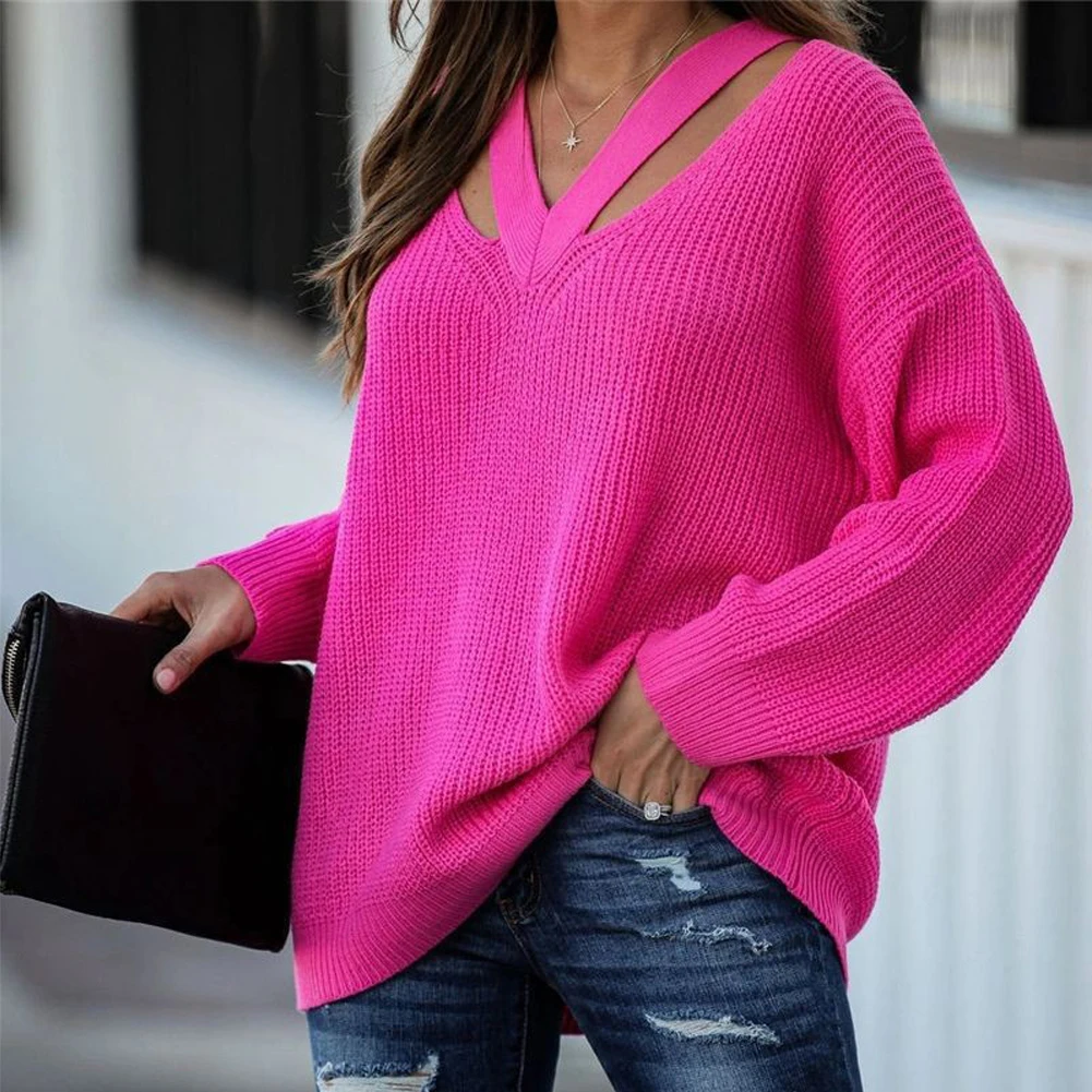

Womens V Neck Sweaters Hollow Out Good Stretchy Long Sleeve Casual Knit Pullover High Quality Jumper Tops