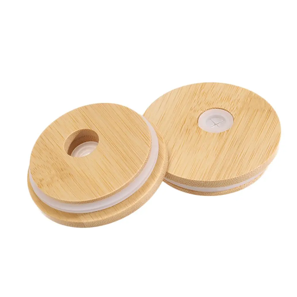 

1 Pc New Bamboo Wood Lids With Straw Hole Eco Friendly Reusable Mason Jar Lid Wide Mouth Cup Silicone Seal Ring Storage Bottles
