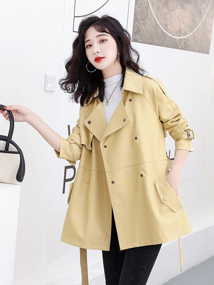 New Women Leather Trench Coat Spring Autumn Fashion Casual Long Sleeve Belt Short Sheepskin Coat All-Match Loose Outerwear