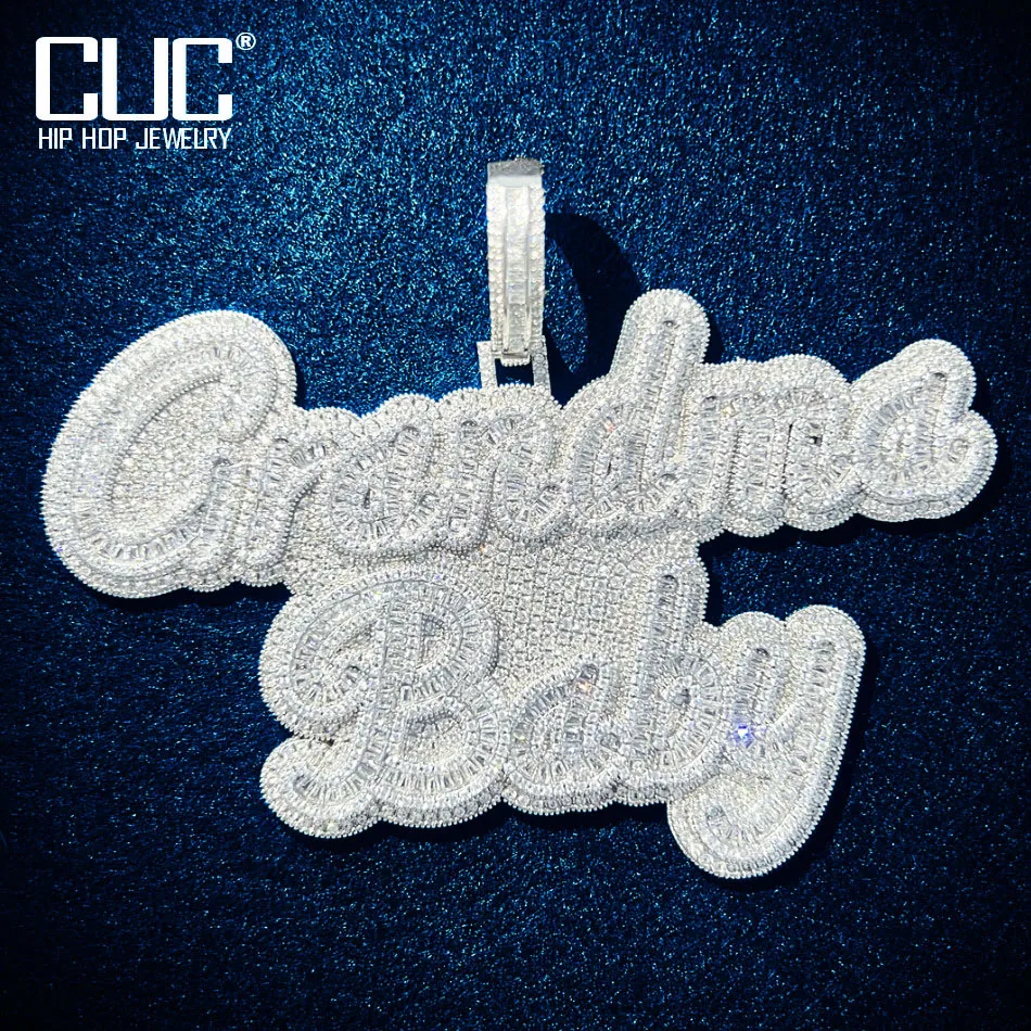 Custom Baguette Cursive Letter Name Pendant For Men Women Make Silver Color Necklace Chain Icy Zircon Fasion Hip Hop Jewelry