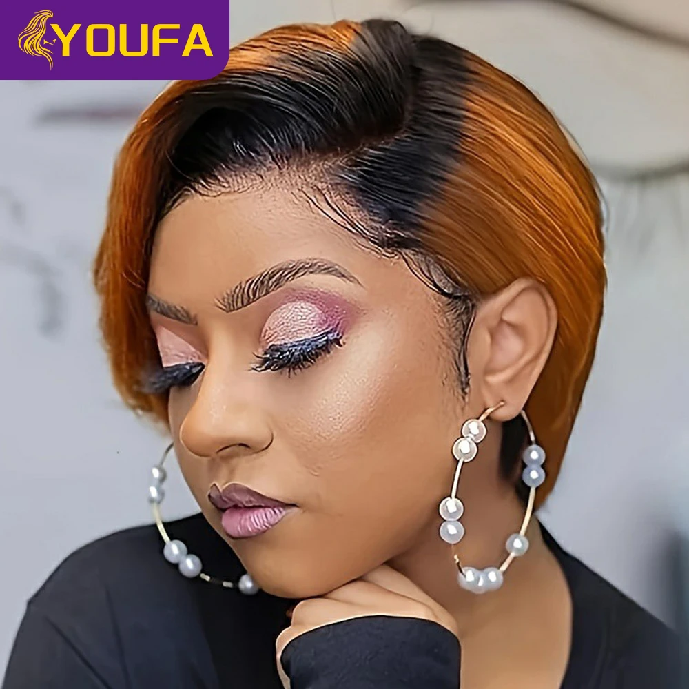 Парики YOUFA с темными корнями 1B/350 # Короткие парики из человеческих волос 13x1 T