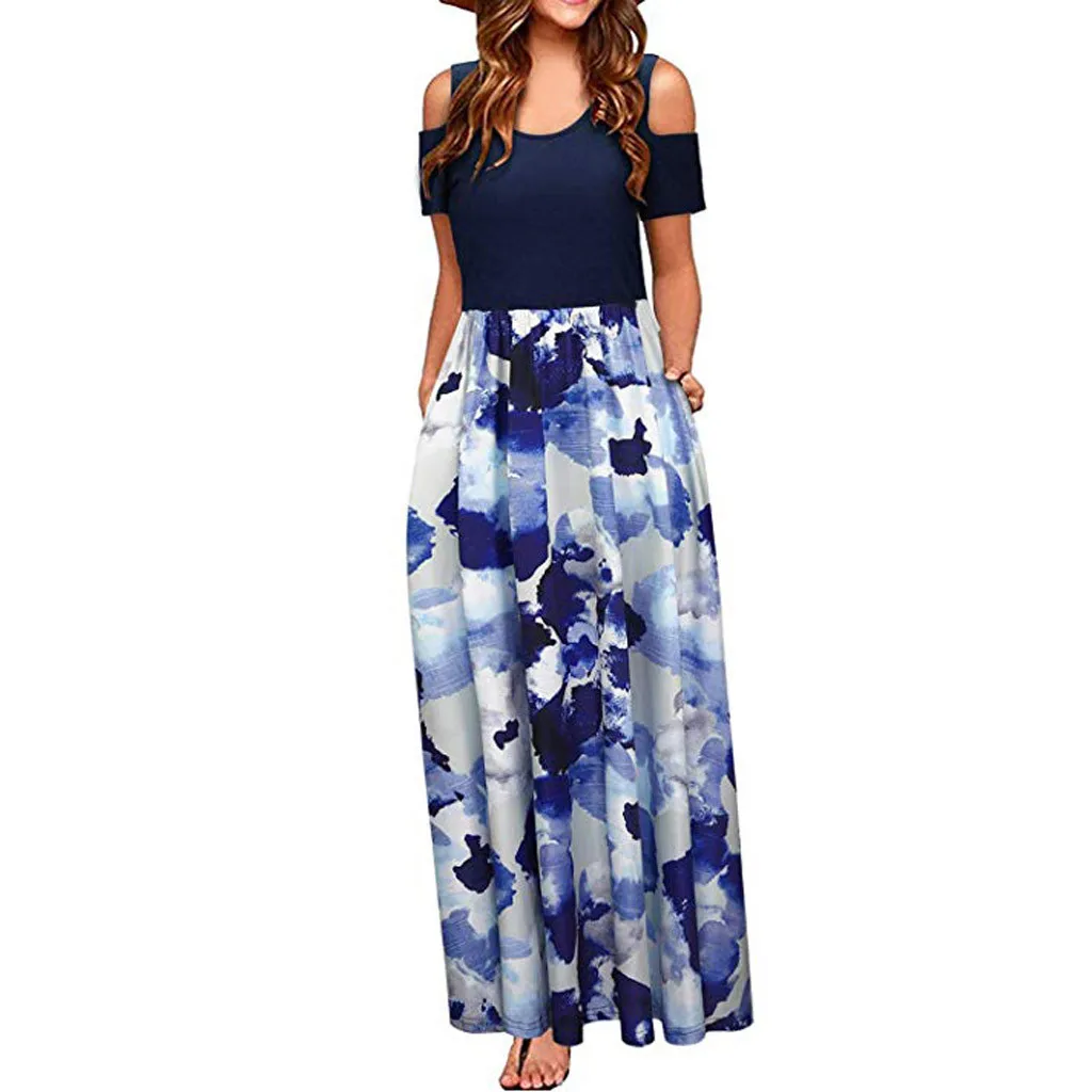 

Shoulder Floral Cold Elegant Women Maxi Dress Dress Pocket Print Long Summer Women's Dress Fenimine Vestidos Women