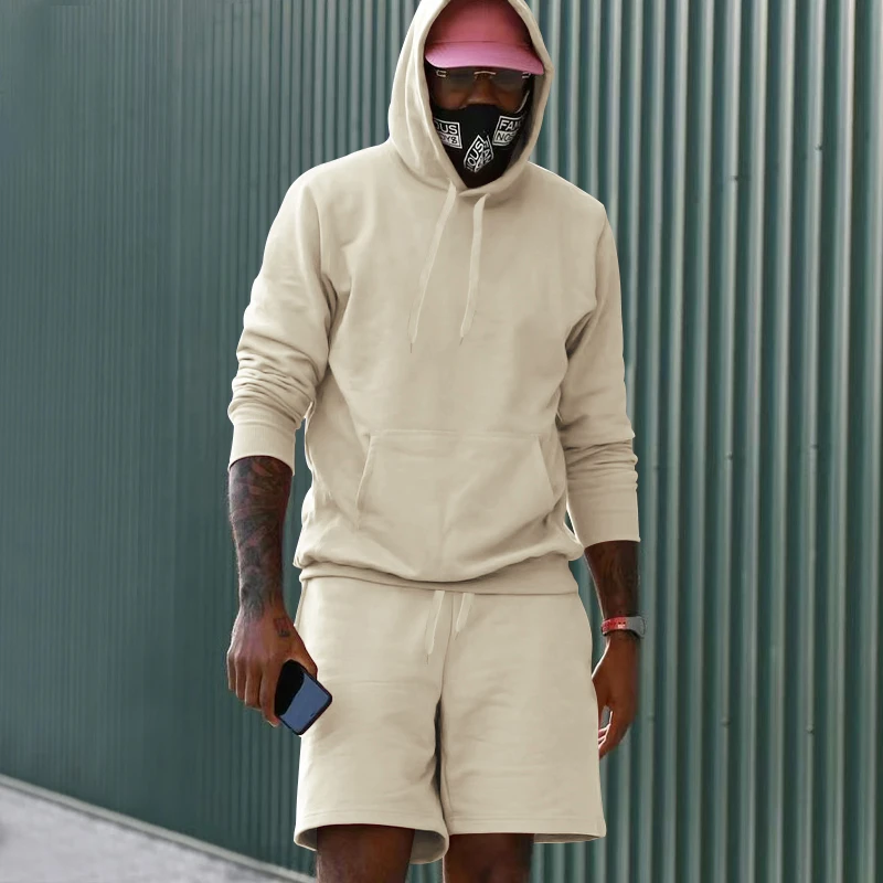 New Hot Selling Spring/Summer Men's Hooded Solid Sweater+Elastic Drawstring Waist Shorts Two Piece Fashion Casual Sports Set
