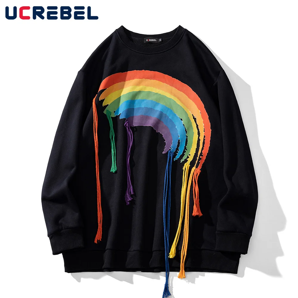 

High Street Rainbow Print Loose Sweatshirts Mens Autumn Round Neck Sports Pullover Streetwear Tassel Long Sleeve Casual Top Men