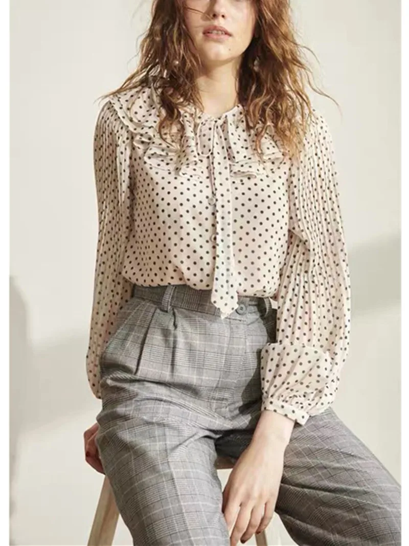 

Women's Ruffles Lace-Up Collar Polka Dot Shirt 2022 Spring New Lantern Sleeves Ladies Single-Breasted Pleated Elegant Blouse