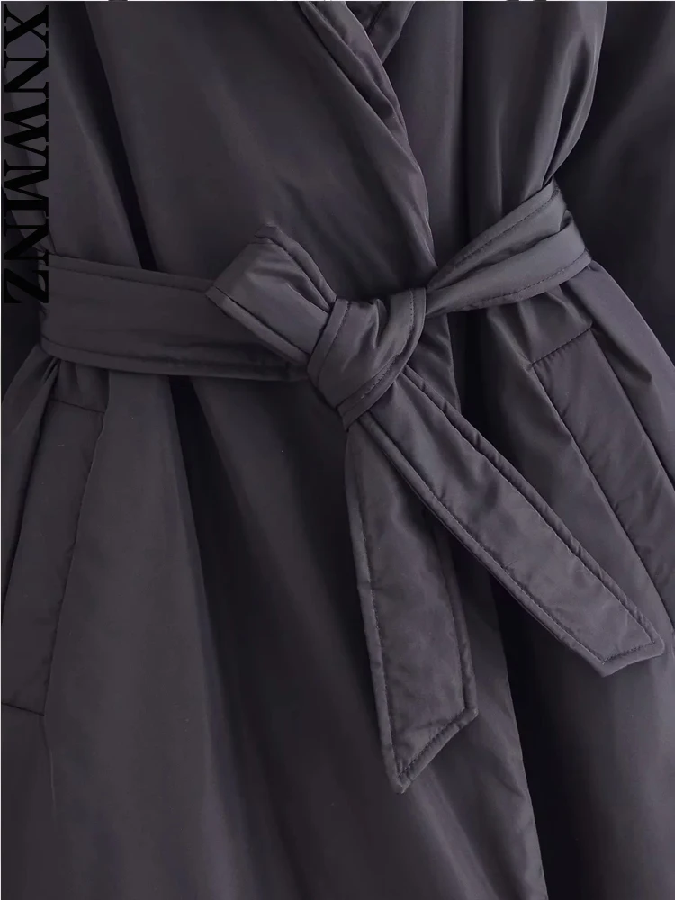 XNWMNZ Women Fashion Black Belt Thick Warm Hooded Padded Coat Vintage Long Sleeve Side Pockets Female Outerwear Chic Overcoat