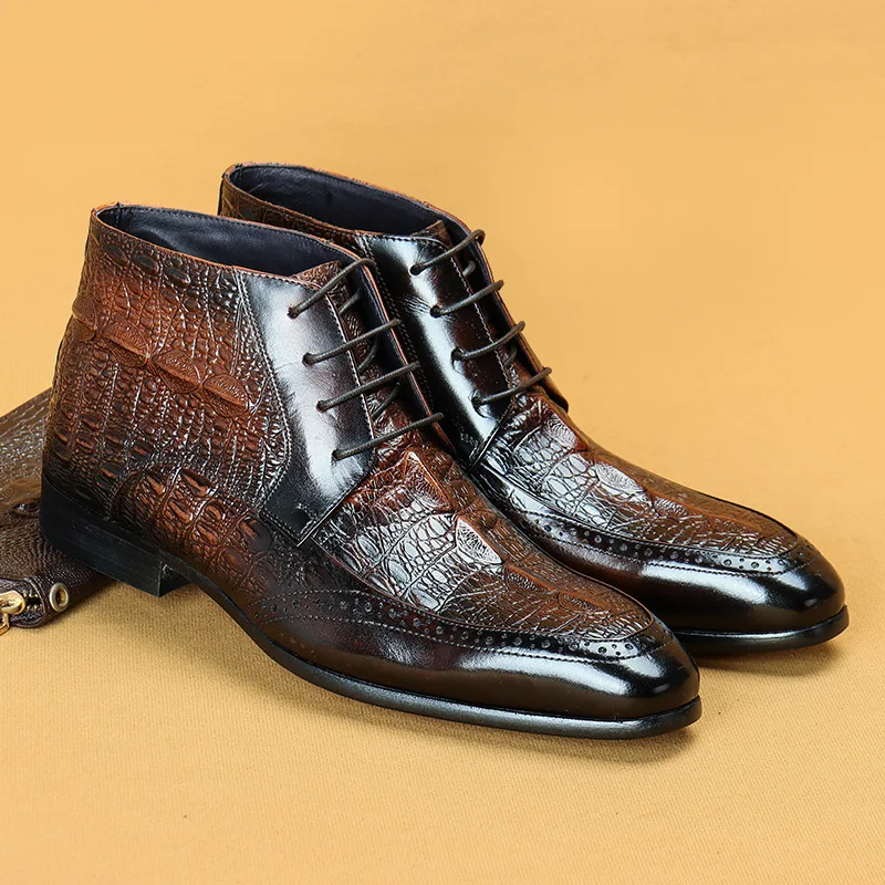 

Luxury Genuine Leather Men's Ankle Boots Shoes Black Brown Fashion Lace Up Elegant Dress Boots Crocodile Pattern Chelsea Boots