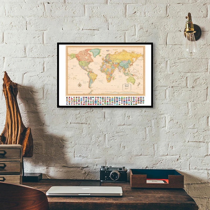 

90*60cm The World Map with National Flags Retro Canvas Painting Posters and Prints Wall Decoration School Supplies Home Decor