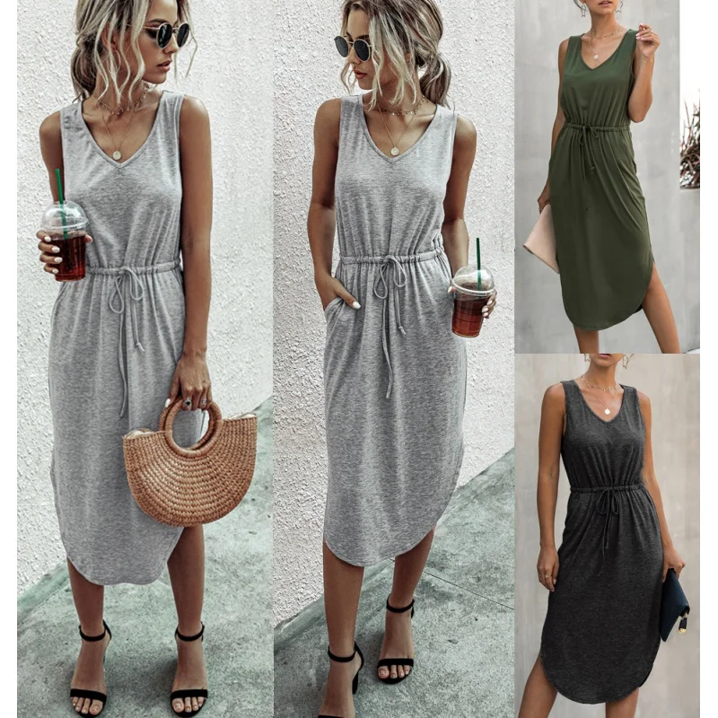 

2022Summer New Women's vCollar Sleeveless Drawstring Leisure Loose Sexy Mid-Length Dress